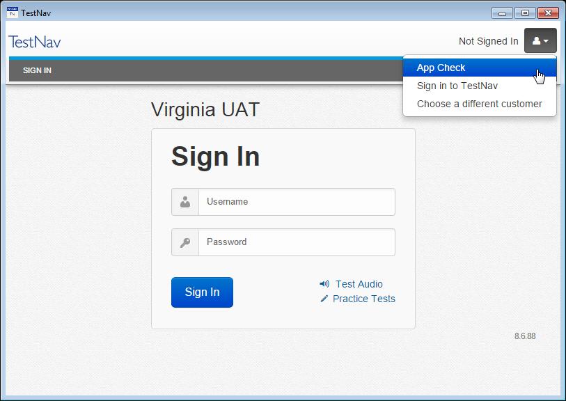 TestNav 8 Application Check: A Sign In screen for Virginia will appear. Run the application check to ensure that TestNav 8 can run on the device.