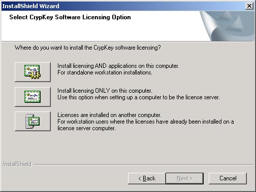 Installing 2D DESIGNER Dialog 5: CrypKey License Options Installation Path Standalone User Network Administrator Network User Action Click Install Licensing AND applications on this computer Go to