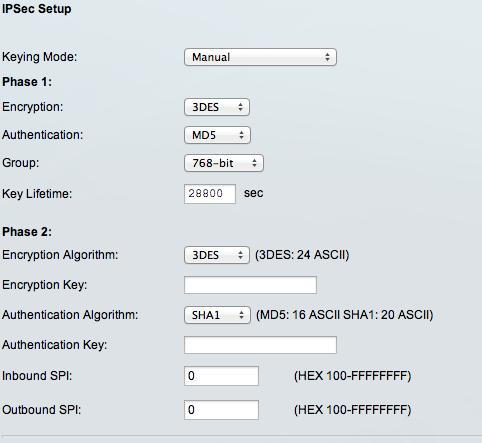 In the IPSec Setup area, Step 1. Choose the Manual key from the drop-down list of the Keying Mode field. In the Phase 1 area, Step 2.