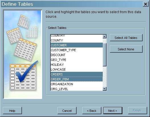 Registering Data Sources 4 Select the Tables 123 Select the Tables The following display shows the tables that are stored in the Ordetail library. Display 8.