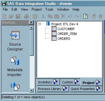 126 Check In the Metadata 4 Chapter 8 Check In the Metadata Under change management, new metadata objects are added to the Project tree on the SAS Data Integration Studio desktop, as shown in the