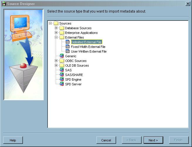 128 Select an External File Source Designer 4 Chapter 8 Select an External File Source Designer To select an external file source designer, from the SAS Data Integration Studio menu bar, select Tools
