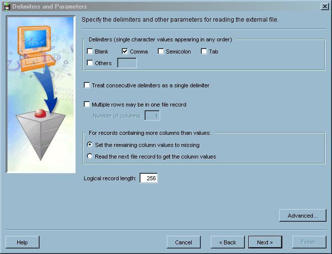 130 Set Delimiters and Parameters 4 Chapter 8 Set Delimiters and Parameters Follow these steps to set delimiters and parameters for the external file: 1 Deselect the Blank check box in the Delimiters