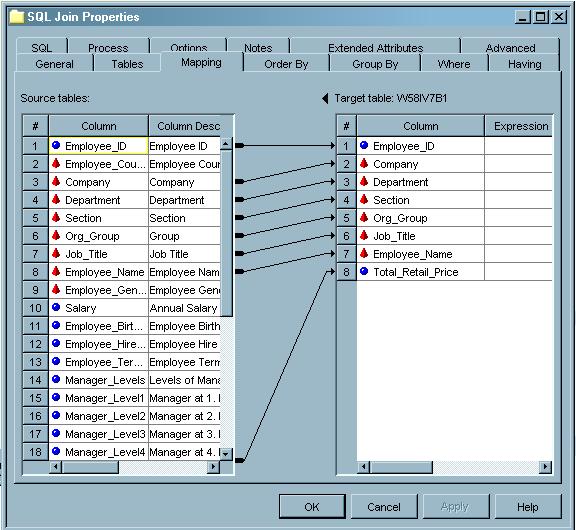 Example Process Flows 4 Configure the SQL Join Transformation 157 3 In the Target Table pane on the Mapping tab, press the CTRL key, left-click the name of each column to be deleted, and select