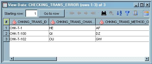 2 To compare the target to the source, repeat the previous step for the source table CHECKING_TRANS. As shown in the following display, three missing source values have received the value?