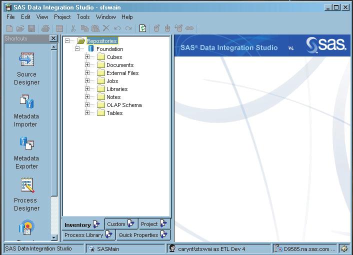 About the Main Windows and Wizards 4 Metadata Profile Name 13 About the Desktop Overview of the Desktop After you open a metadata profile, the SAS Data Integration Studio desktop displays. Display 3.