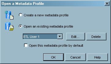 18 Open a Metadata Profile Window 4 Chapter 3 When you start SAS Data Integration Studio, the Open a Metadata Profile window displays in front of the desktop.