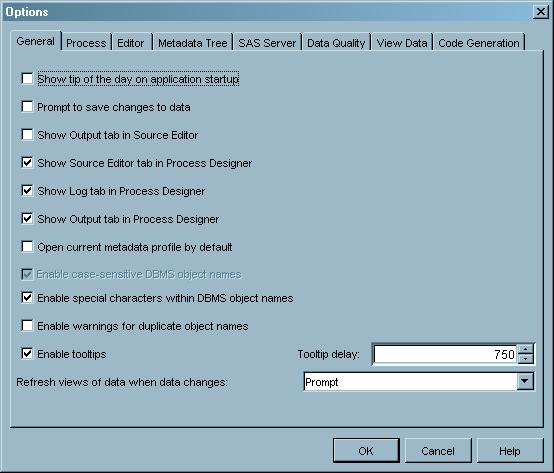About the Main Windows and Wizards 4 Options Window 19 Options Window Use the Options window to specify options for SAS Data Integration Studio. The following display shows an example of this window.