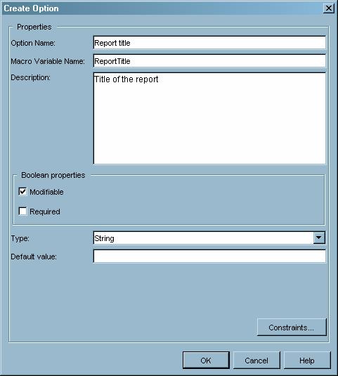 Main Tasks for Administrators 4 Example: Creating a Generated Transformation 83 The following display shows the Create Option window for the Report title option. Display 6.