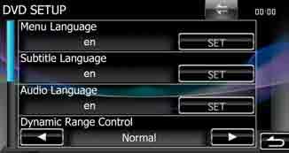 DVD SETUP screen appears. 5 Set each item as follows. Menu/Subtitle/Audio Language* See Language setup (P.28). Dynamic Range Control* Sets the dynamic range. Wide: The dynamic range is wide.