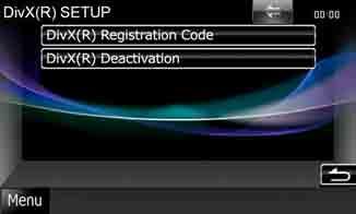 CD, Disc, ipod, USB device, SD card DivX setup 1 Set each item as follows. DivX(R) Registration Code Checks the registration code.