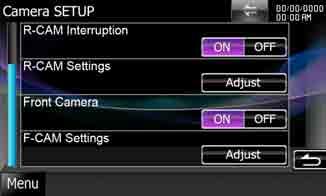 Setting Up Camera Setup You can set camera parameters. 1 Touch [Menu] on any screen. 2 Touch [SETUP]. SETUP Menu screen appears. 3 Touch [Camera]. Camera SETUP screen appears.