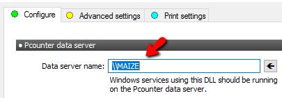 2) In the Configure tab, set the Data Server name to be the name of the Pcounter server that is running the Pcounter Data Server service and has the Pcounter Data share.