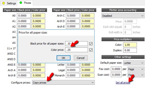 3.5.3 Set Prices When the profile s accounting mode is set to logging only copy and scan prices will be logged but not deducted from the user s account balance.