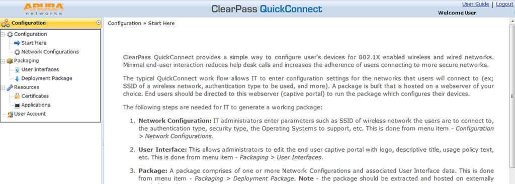 Figure 2 Navigation Configuration In this section an administrator can enter the parameters such as the SSID of a wireless network the users are to connect to, the authentication type, security type