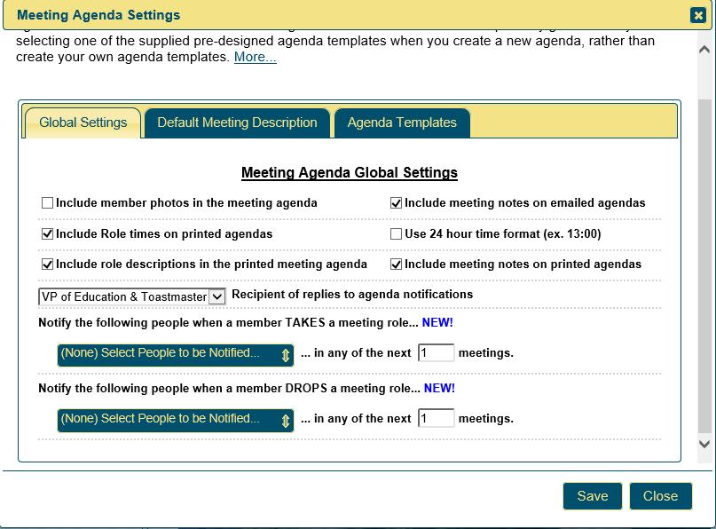 To view / modify settings for all meeting agendas: Click Global Settings which include whether or not the following