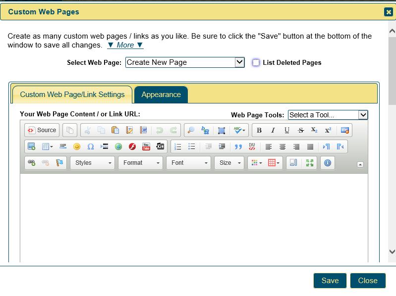 The system will default to Create New Page with a blank page displayed.