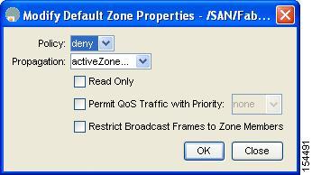 Configuring and Managing Zones About Broadcast Zoning Figure 40: Modify Default Zone Properties Dialog Box Step 4 Step 5 Set the Policy drop-down menu to permit to permit traffic in the default zone,