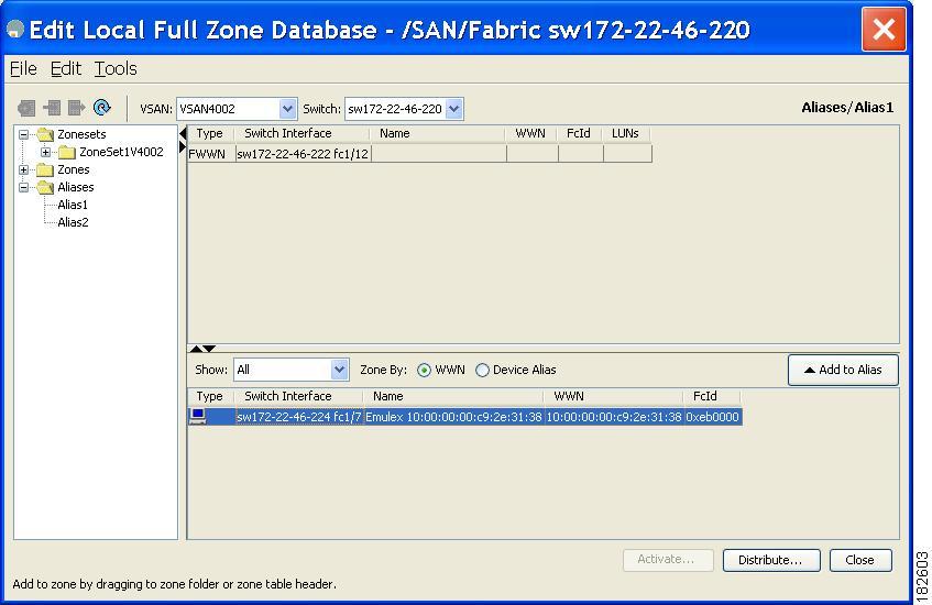 Adding Members to Aliases Configuring and Managing Zones Figure 26: Edit Local Full Zone Database Dialog Box Step 3 Select the member(s) you want to add from the