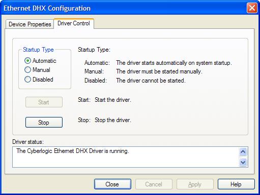 Automatic When this option is selected, the Ethernet DHX Driver will start when Windows boots.