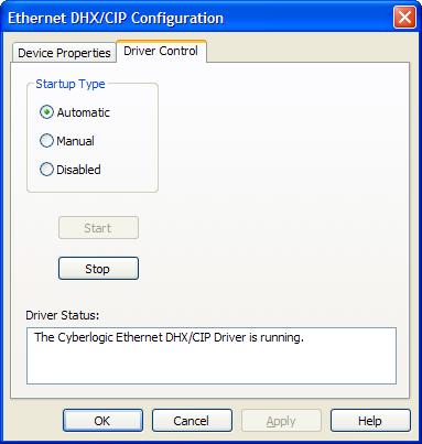 Automatic When this option is selected, the Ethernet DHX/CIP Driver will start when Windows boots.