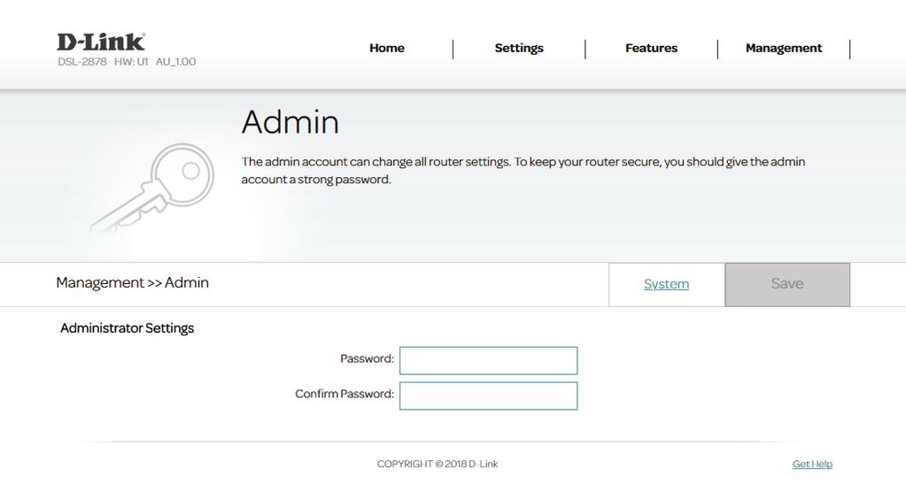 Section 4 - Configuration Admin This page will allow you to change the administrator (admin) password and enable remote management.
