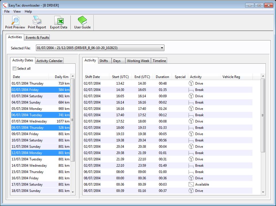 Introduction to EasyTac Reports The EasyTac Reports window enables you to display detailed activity information for drivers card or VU files.