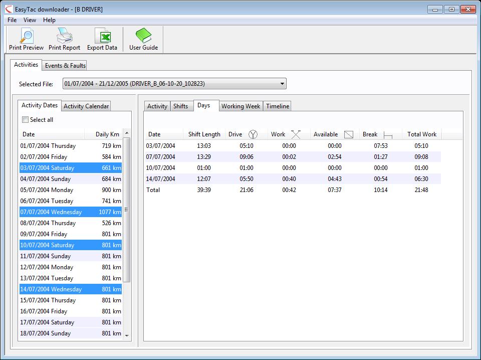 Viewing driver shift and daily summaries for card files When you open the Reports window for a particular card file, you can view summaries of the activity data stored in the file for that driver.
