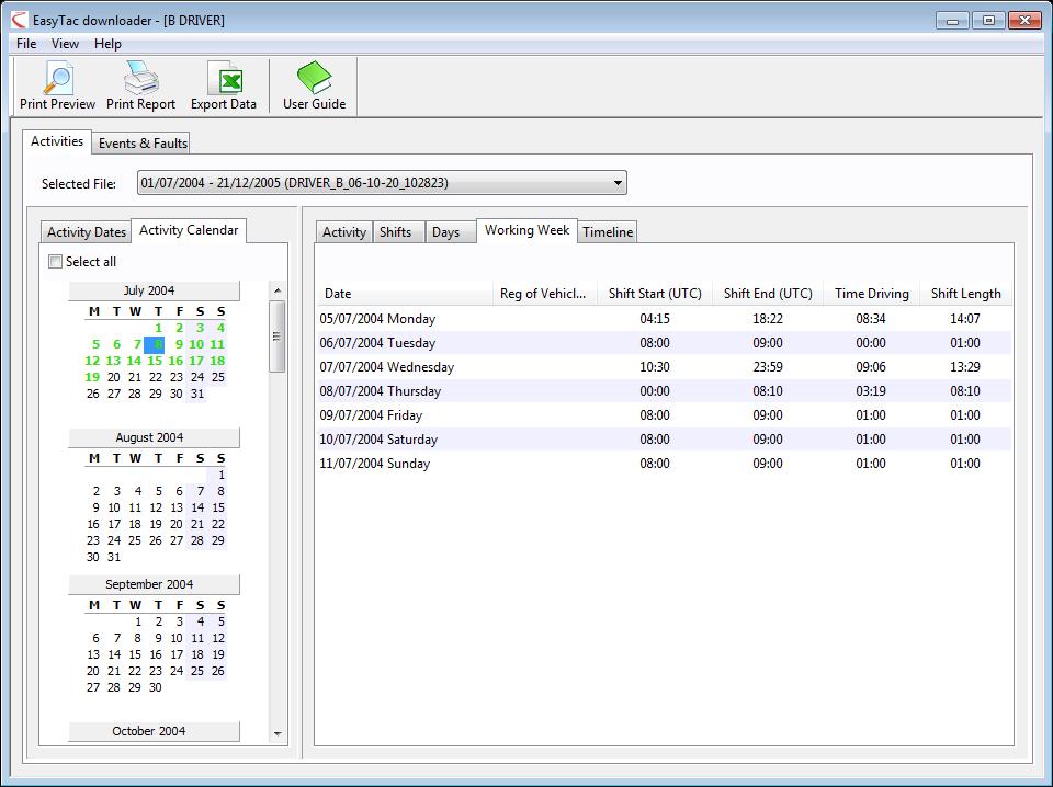 Viewing driver working weeks for card files When you open the Reports window for a particular card file, you can view and print summary reports of the activity data stored in the file, organised in