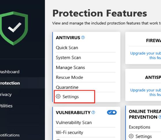 BitDefender Anti-Virus Plus 1. Open the Bitdefender program and go to the Protection window 2. Click the Settings button in the ANTIVIRUS module 3.