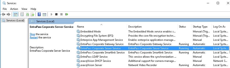 One potential troubleshooting solution for this is to make sure that the necessary EntraPass services are running. Do this by running the Services.exe application in Windows.