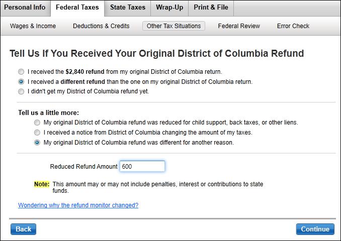 you received on your original federal return and click Continue.