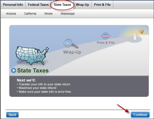 1) Go to your state return by selecting the State Taxes tab and click the Continue button.