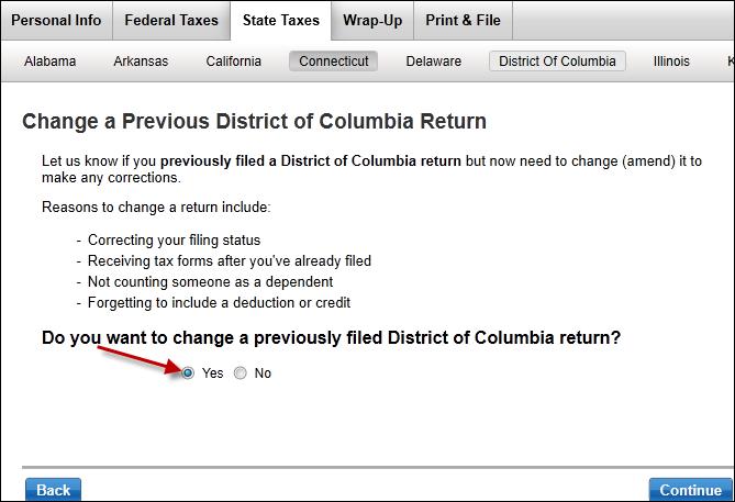 6) On the Change a Previous District of Columbia Return, select Yes.