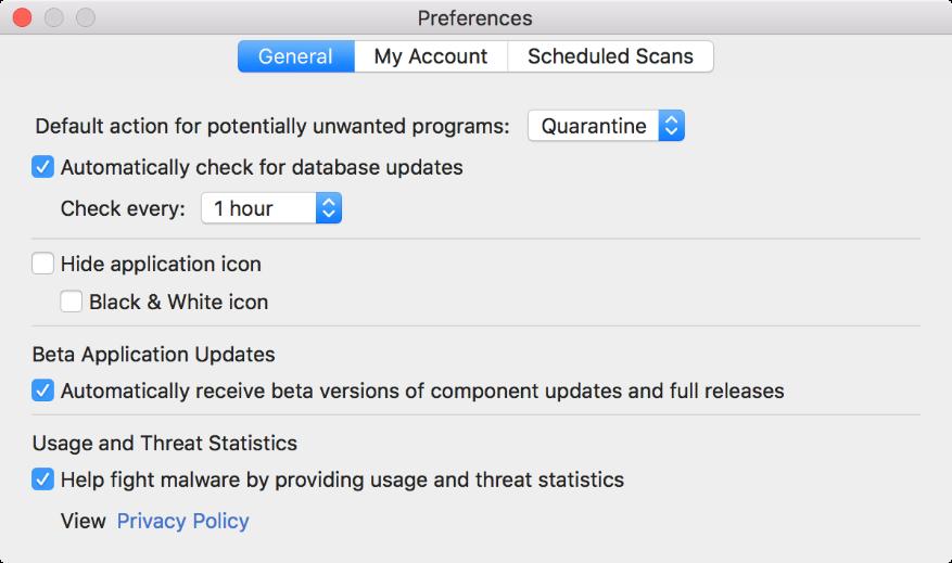 Settings Program settings (also known as Preferences) are available in three locations: The Malwarebytes Application menu, at the left edge of the Mac Menu Bar.
