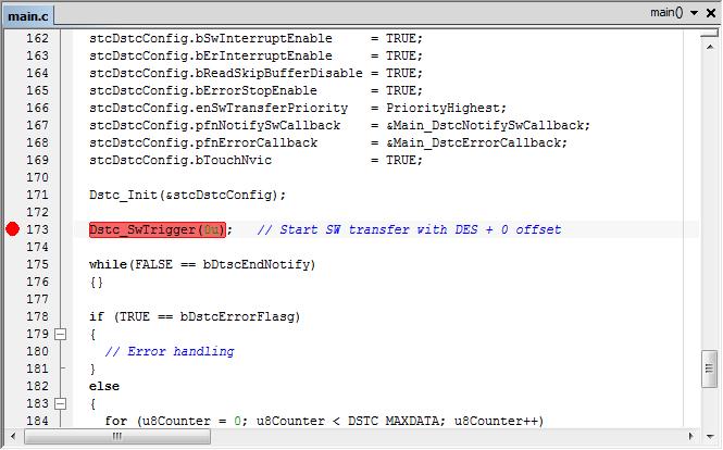 Download the code and launch the debugger. Choose Project ->Download & Debug. The IDE compiles, links, downloads the code to the board, and launch the debugger. You should see no warnings or errors.