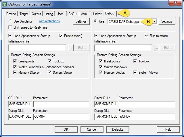 5. Set the debugger options. In this step you configure the project to use the CMSIS-DAP debugger as shown in Figure 3-18. A. Click Debug to go to the Debugger options. B.