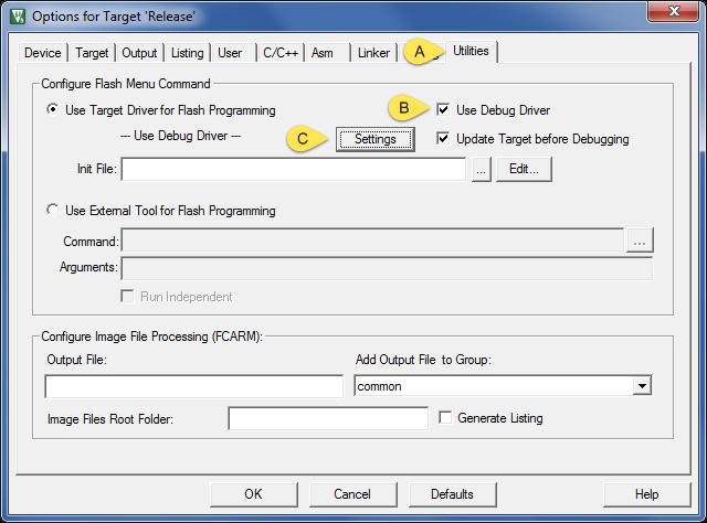 7. Specify the flash programming tool. You can choose either the target driver or an external tool. This exercise uses the target driver. Figure 3-19 shows the UI for this step. A.
