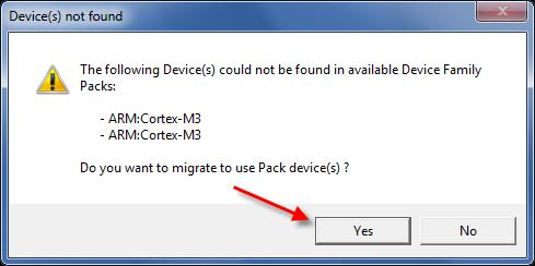 Appendix B Migrating a V4 Keil Project to V5 4. Migrate the PDL project to use Pack devices. When you close the Pack Installer and return to the IDE you see the window in Figure B-4. Click Yes.