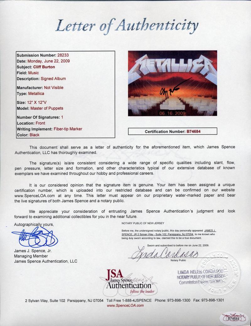 JSA also passed this Metallica album, the Master of Puppets album. See the stylish signature? See the notary stamp and the hologram? Ah, yes, JSA the leader.