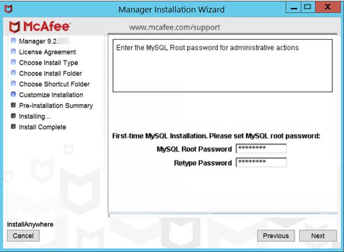 3 Install the Manager/Central Manager Install the Manager 10 Type the root password for your database. If this is the initial installation, type a root password and then type it again to confirm.