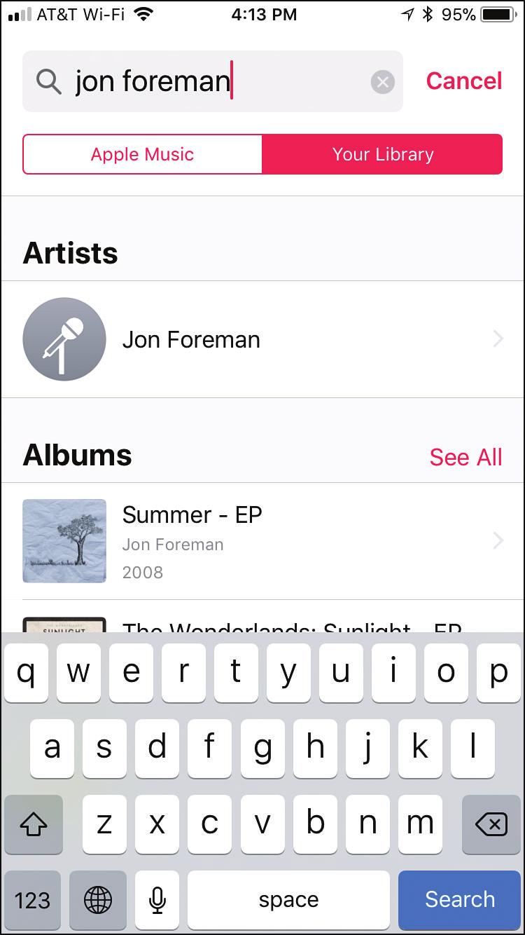 Listening to Music with the Music App 19 6. Search the music in your library by tapping Your Library, or search Apple Music by tapping Apple Music. 7.