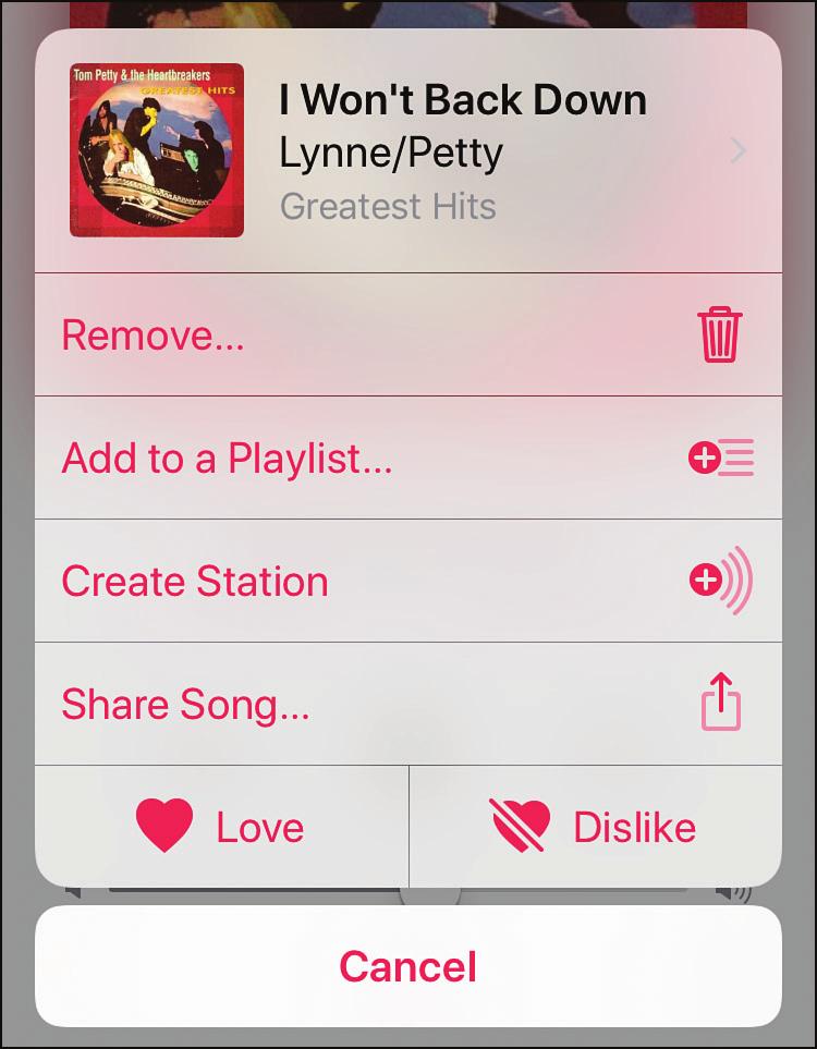 Listening to Music with the Music App 23 Following is an example of this menu for an album that is part of my library.