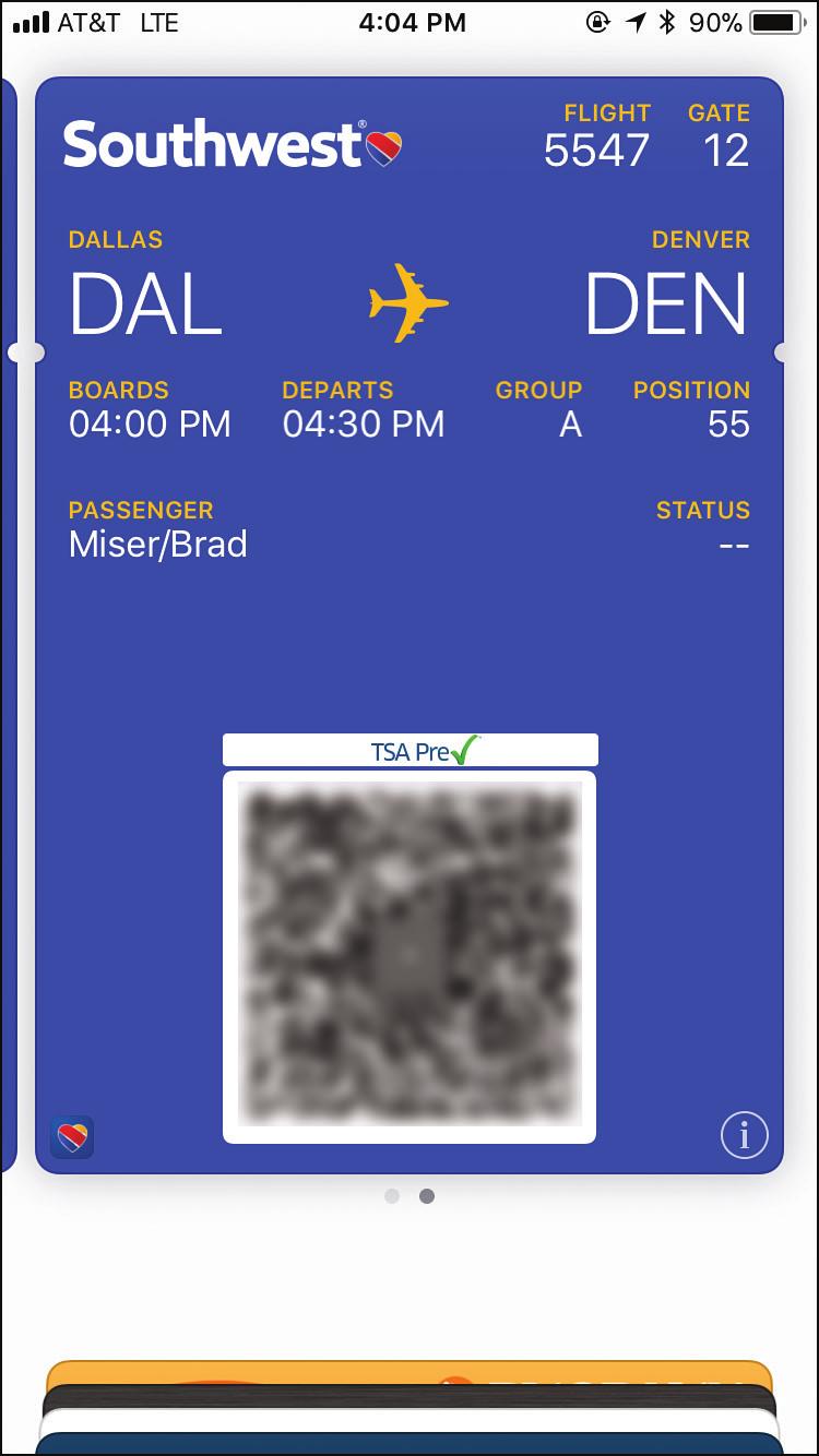 46 Chapter 15 Working with Other Useful iphone Apps and Features Boarding pass in the Wallet app Scan this to board the flight Tap to open the associated app Tap to configure the boarding pass Tap to