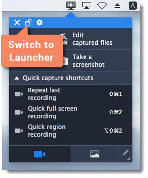 Launcher How to use the Movavi Screen Capture Pro launcher When you start Movavi Screen Capture Pro, you will see the launcher window.