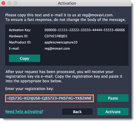 Copy the registration key from the reply and transfer it to the computer with Movavi Screen Capture Pro.