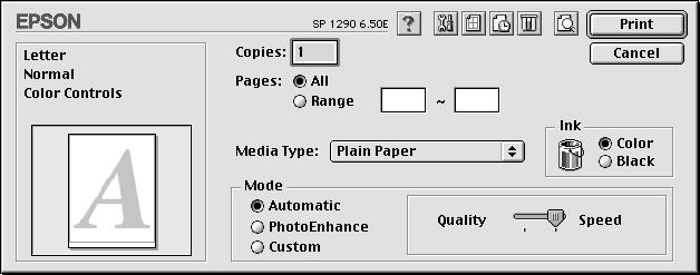 Making settings in the Print dialog box You can make Media Type, Mode, Ink, Copies, and Pages settings in the Print dialog box.