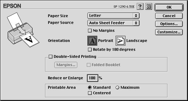Making settings in the Page Setup dialog box In the Page Setup dialog box, you can change the paper size, specify the paper orientation, print on both sides of the paper, rotate your document by 180