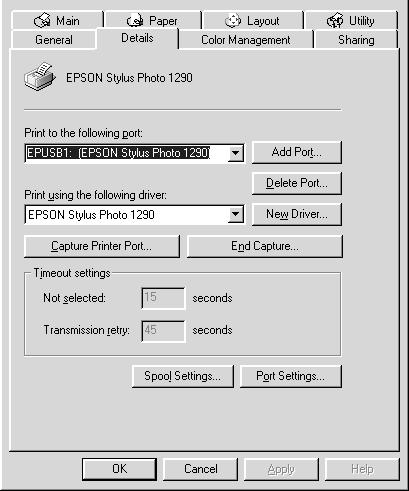2. For Windows 98 users, click the Details tab and make sure that EPUSBx: (EPSON Stylus Photo 1290) is displayed in the Print to the following port list box.
