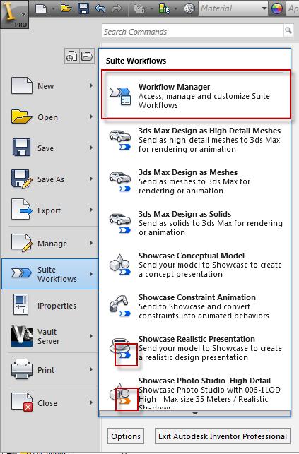 Suite Workflow Manager Showcase & 3Ds Max Inside Autodesk Inventor s Application Menu, users can access the Suite Workflow tools to create fast interaction with two of the more intricate